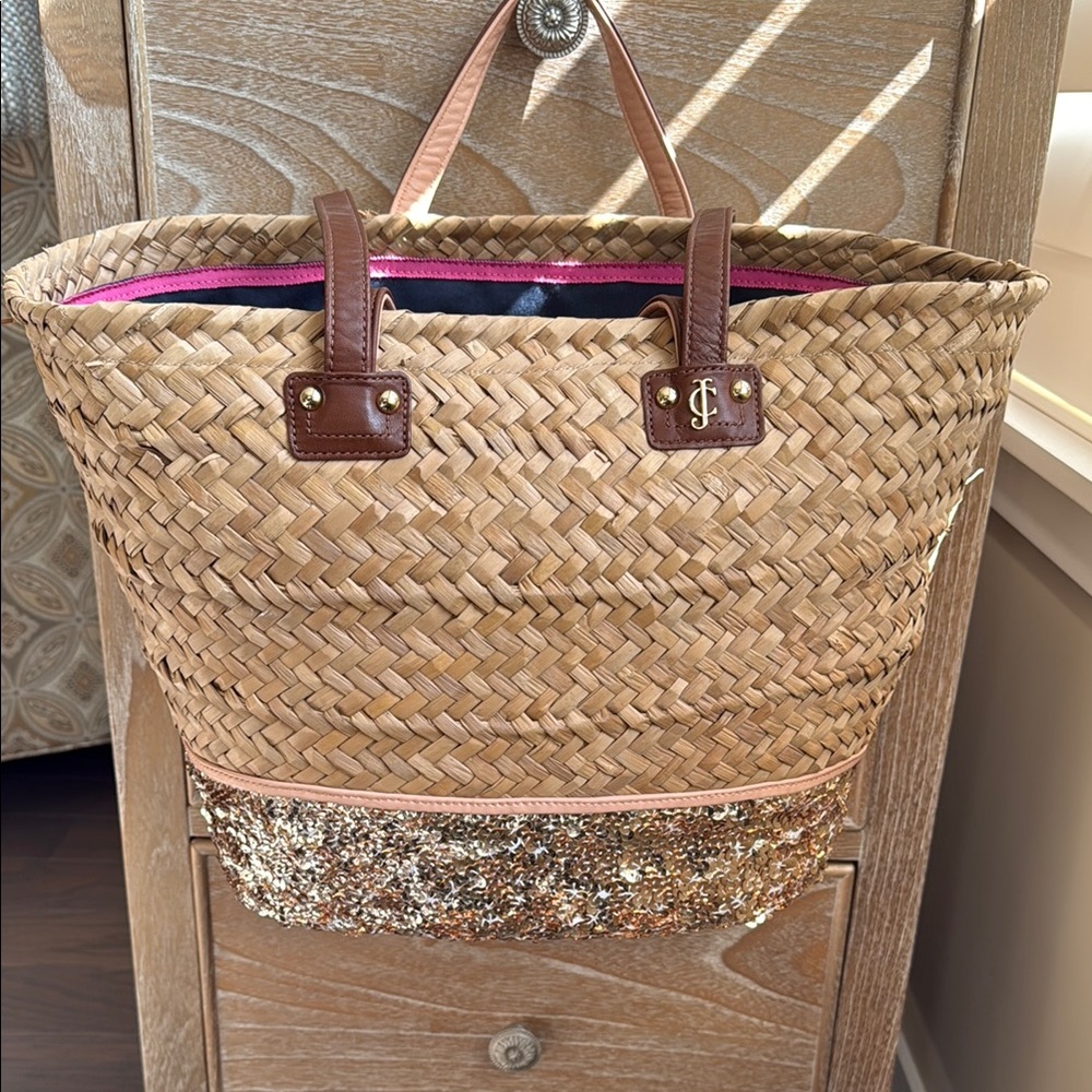 Juicy Couture Beach Bag Tote Brown Leather Woven Straw with Gold Sequin Accents